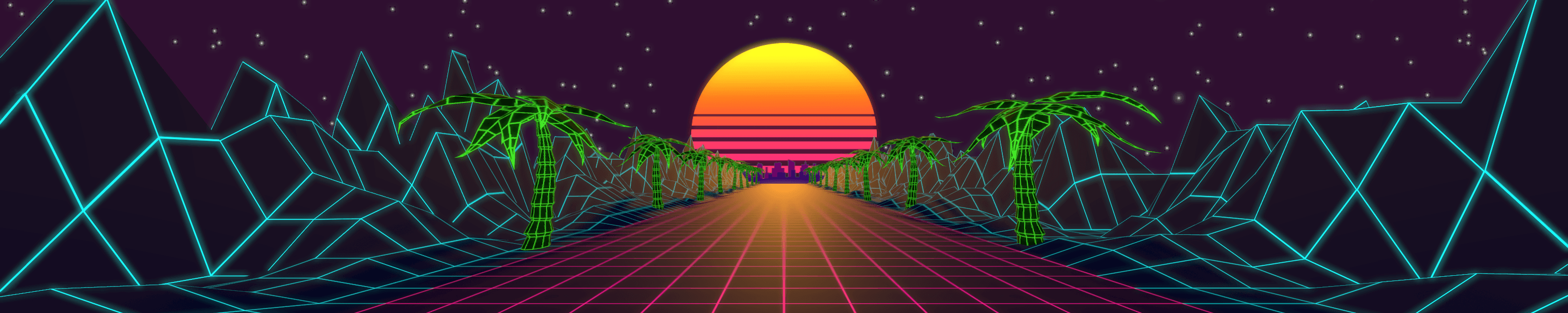 Chris.lu header image, displaying an 80s style landscape and sunset